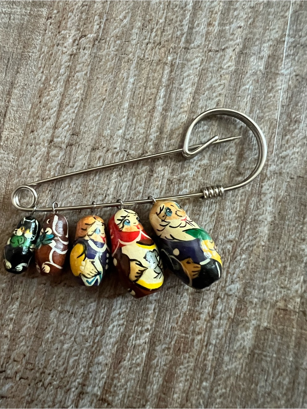 Unique Vintage Matryoshka Family Nesting Doll Cluster Brooch - Multicolor Pin